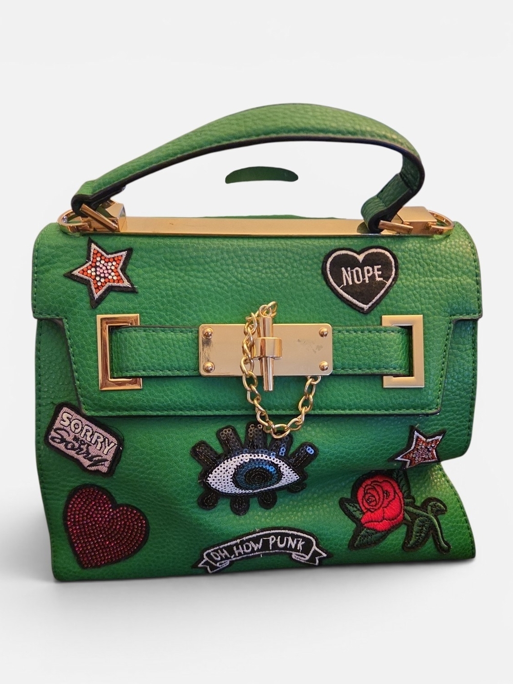 Aldo Green Embellished Top-Handle Satchel with Gold Hardware